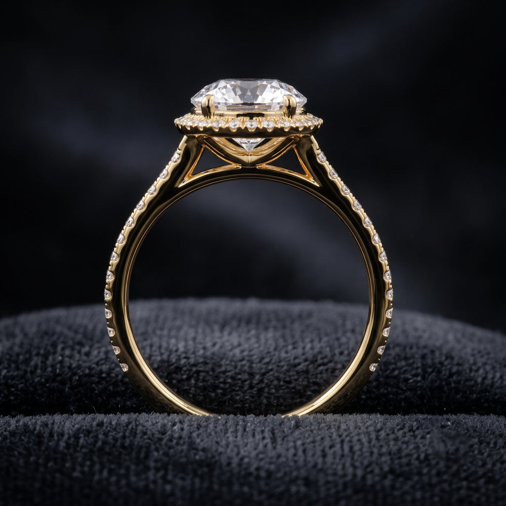Round Cut Halo Solitaire Diamond Ring with Pavé Accents