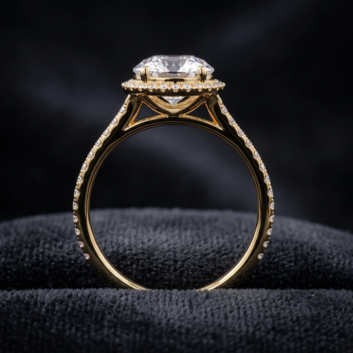 Round Cut Halo Solitaire Diamond Ring with Pavé Accents