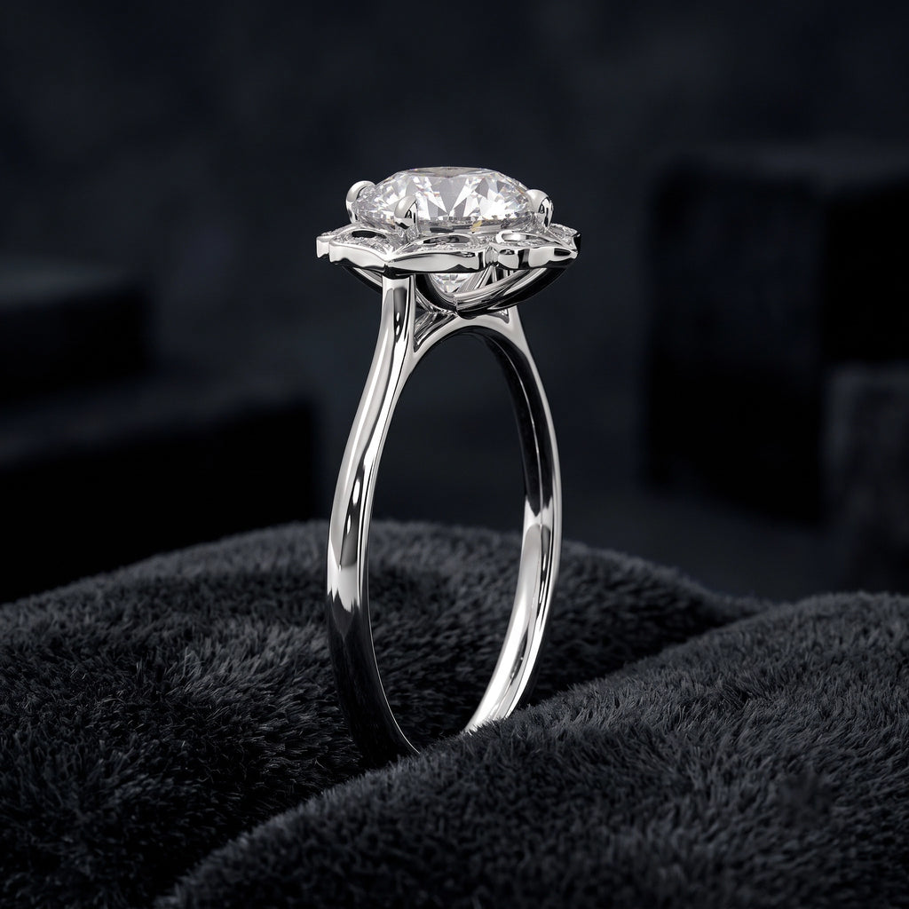 Vintage Round Cut Halo Solitaire Diamond Ring with Ornate Pavé Setting