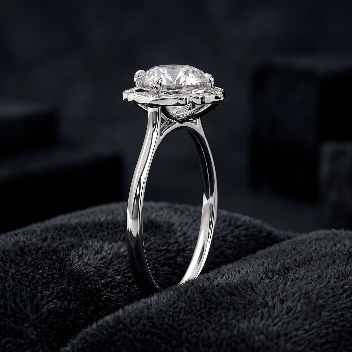 Vintage Round Cut Halo Solitaire Diamond Ring with Ornate Pavé Setting