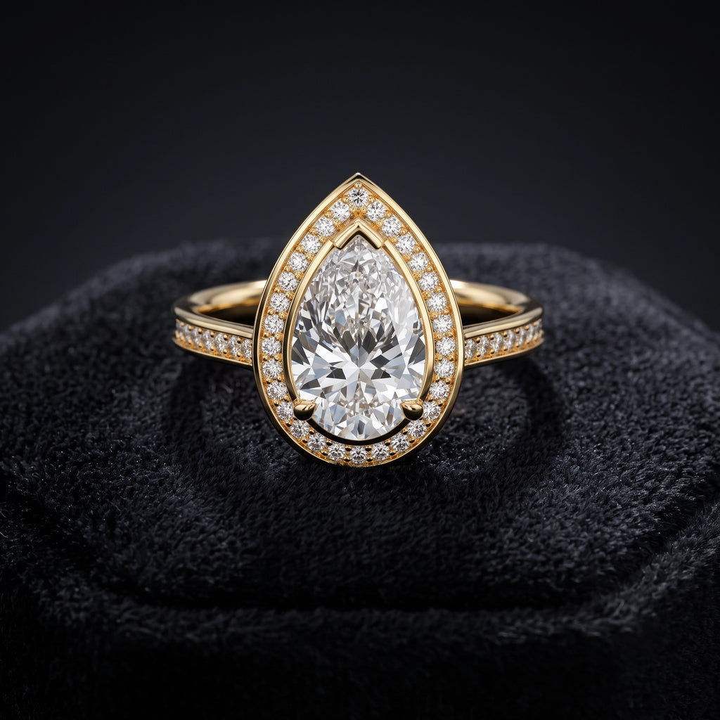Pear Cut Halo Pave Solitaire Diamond Engagement Ring
