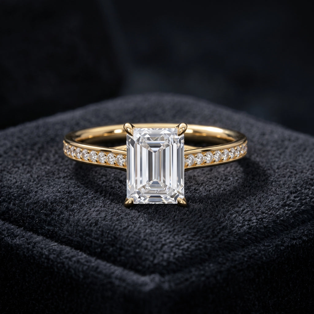 Emerald Cut Solitaire Diamond Ring with Pavé Diamond Band