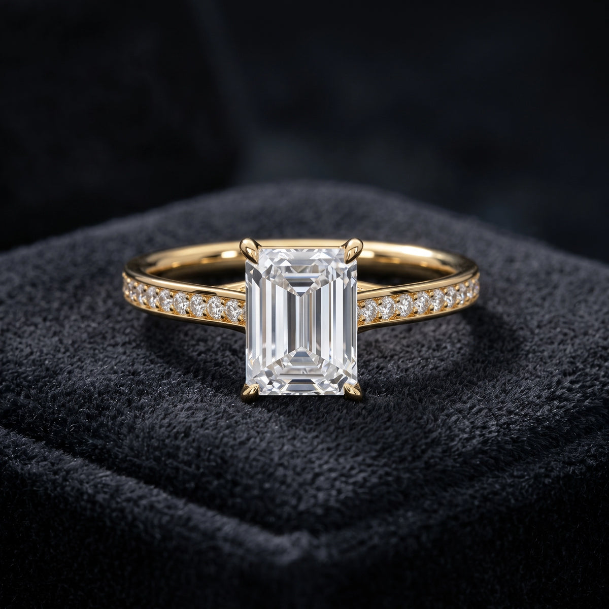 Emerald Cut Solitaire Diamond Ring with Pavé Diamond Band