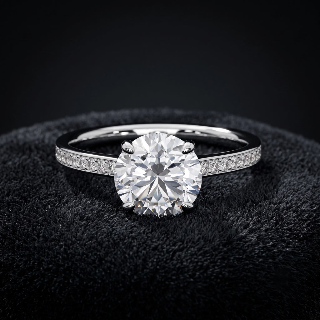 Round Solitaire Diamond Ring with Pavé Diamond Band