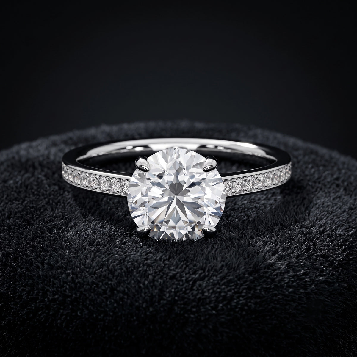 Round Solitaire Diamond Ring with Pavé Diamond Band