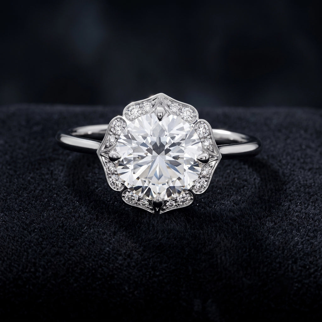 Vintage Round Cut Halo Solitaire Diamond Ring with Ornate Pavé Setting