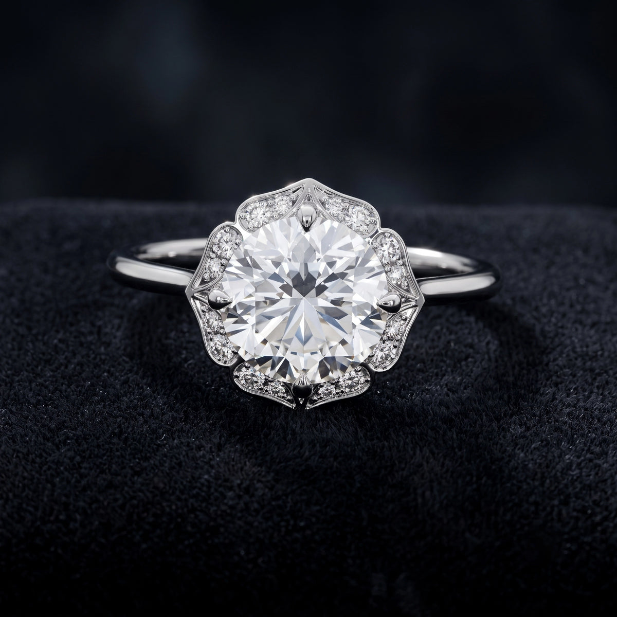 Vintage Round Cut Halo Solitaire Diamond Ring with Ornate Pavé Setting
