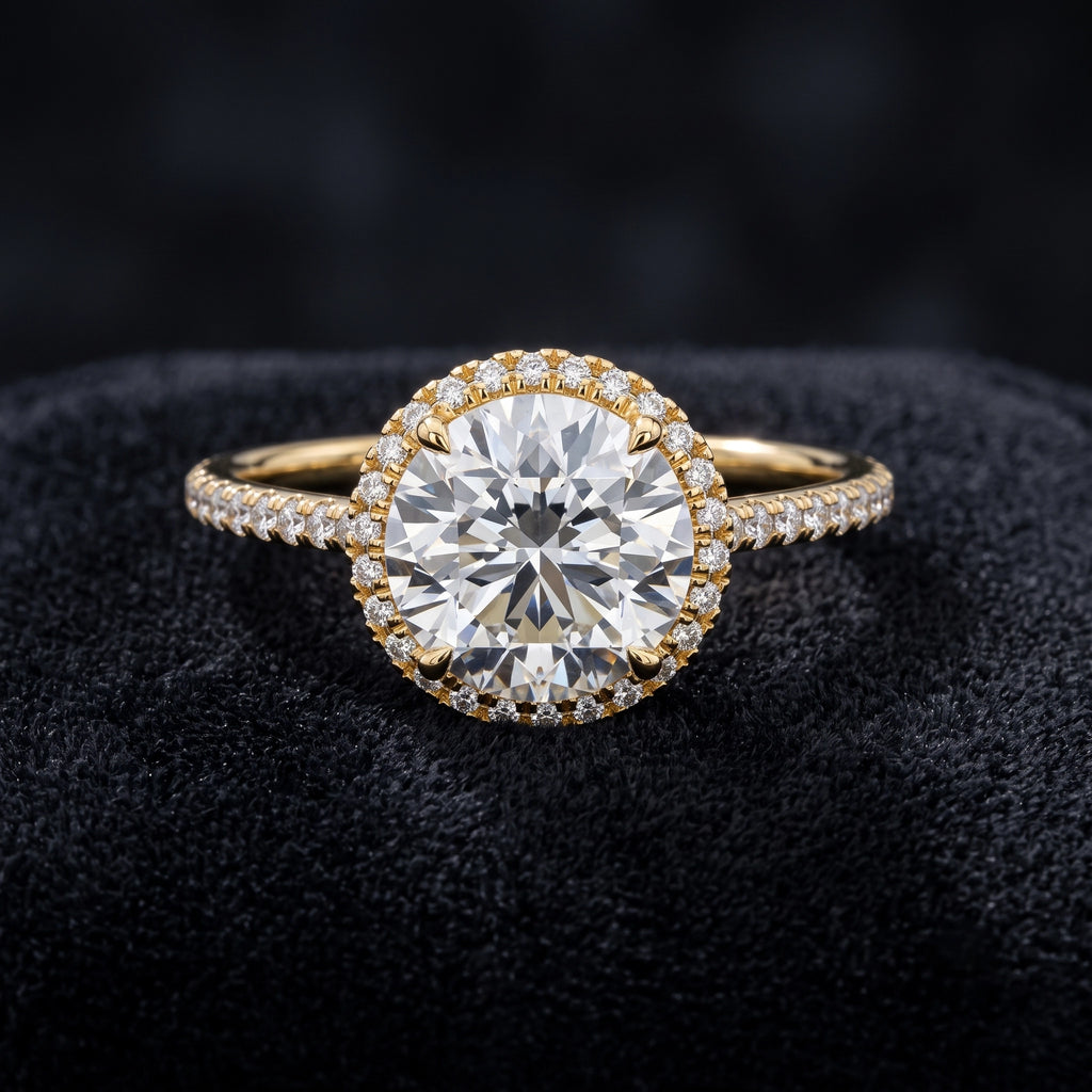 Round Cut Halo Solitaire Diamond Ring with Pavé Accents