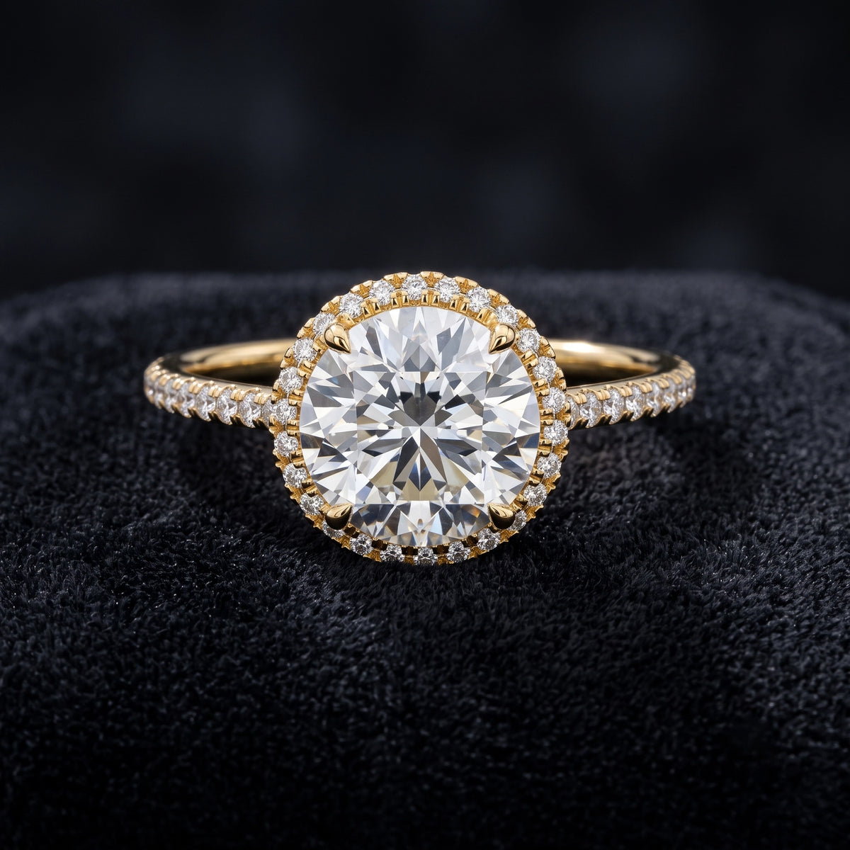 Round Cut Halo Solitaire Diamond Ring with Pavé Accents