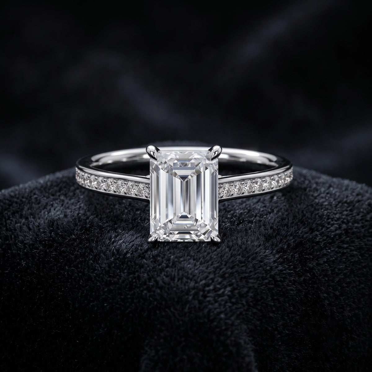 Emerald Cut Solitaire Diamond Ring with Pavé Diamond Band