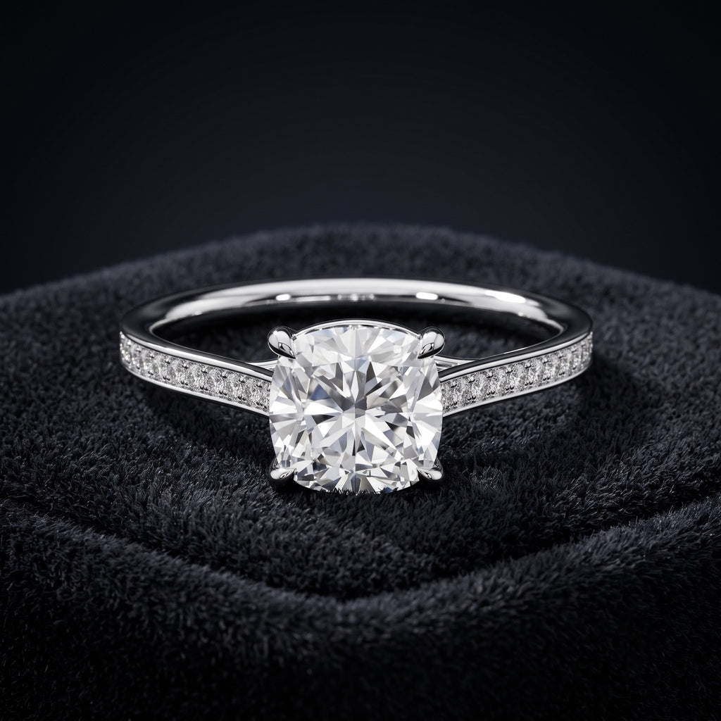 Cushion Cut Solitaire Diamond Ring with Pavé Diamond Band