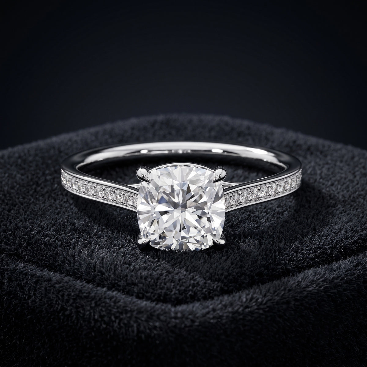 Cushion Cut Solitaire Diamond Ring with Pavé Diamond Band