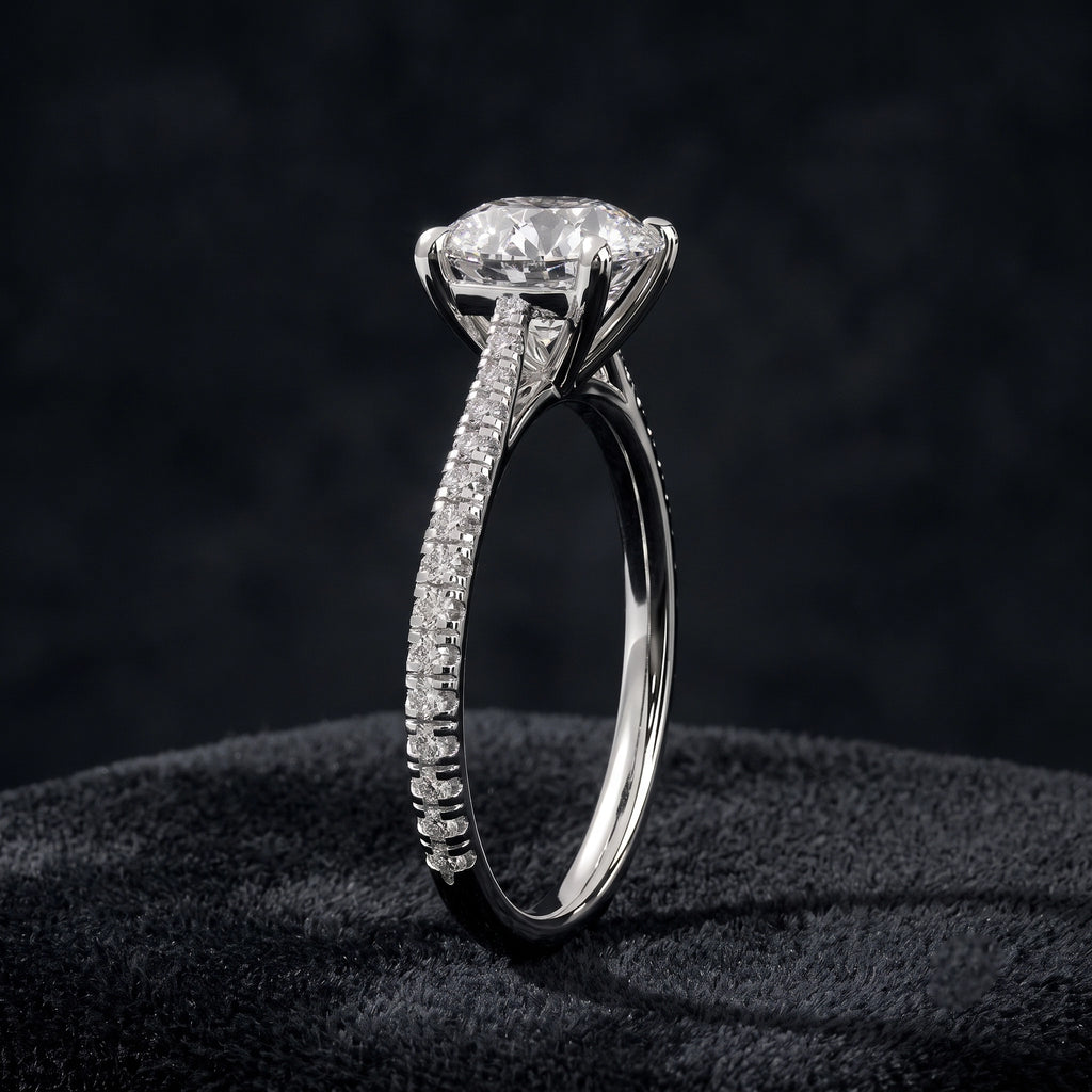 Round Cut Solitaire Diamond Ring with Pavé Diamond Band