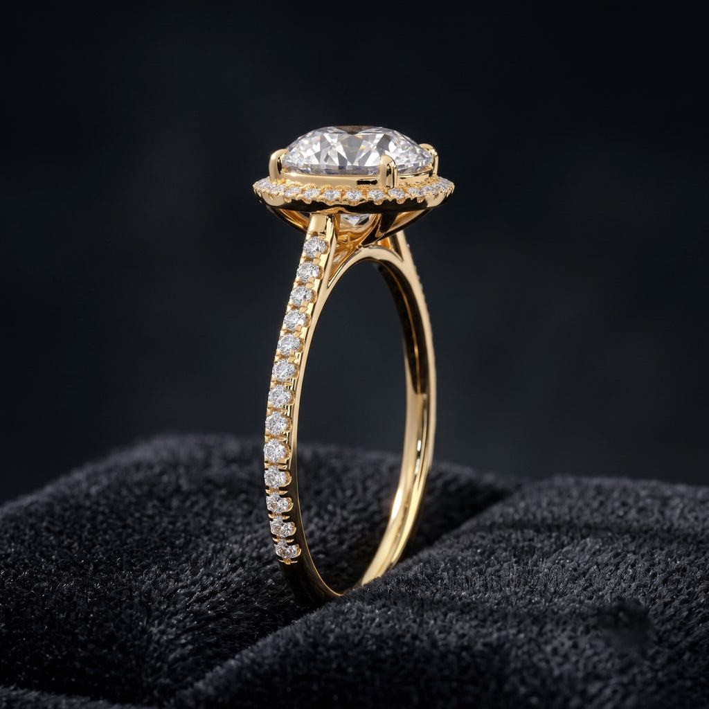 Round Cut Halo Solitaire Diamond Ring with Pavé Accents