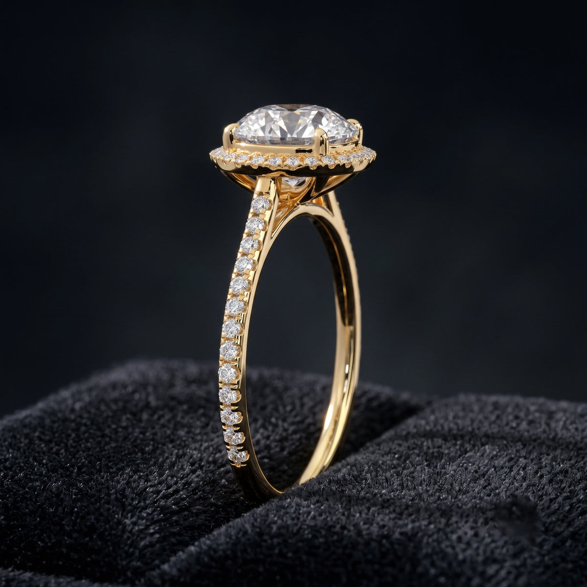 Round Cut Halo Solitaire Diamond Ring with Pavé Accents