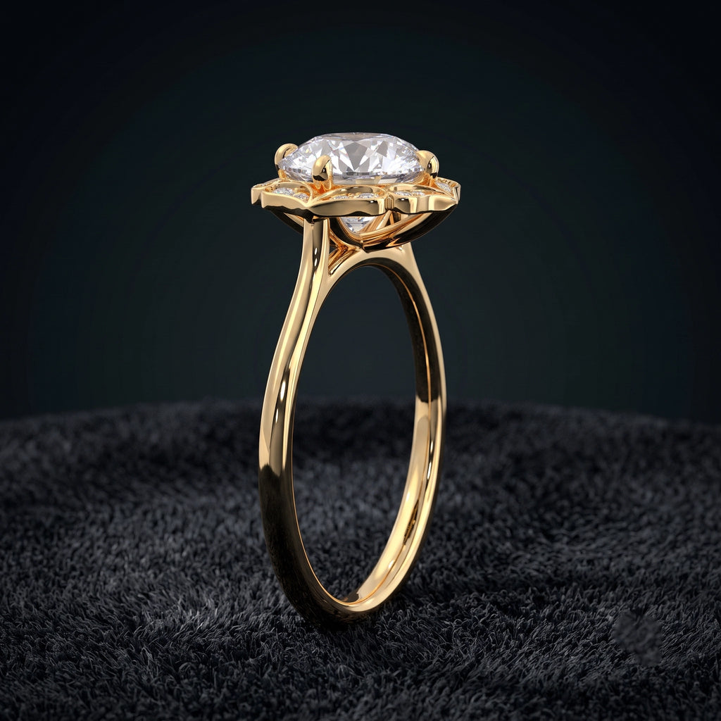 Vintage Round Cut Halo Solitaire Diamond Ring with Ornate Pavé Setting