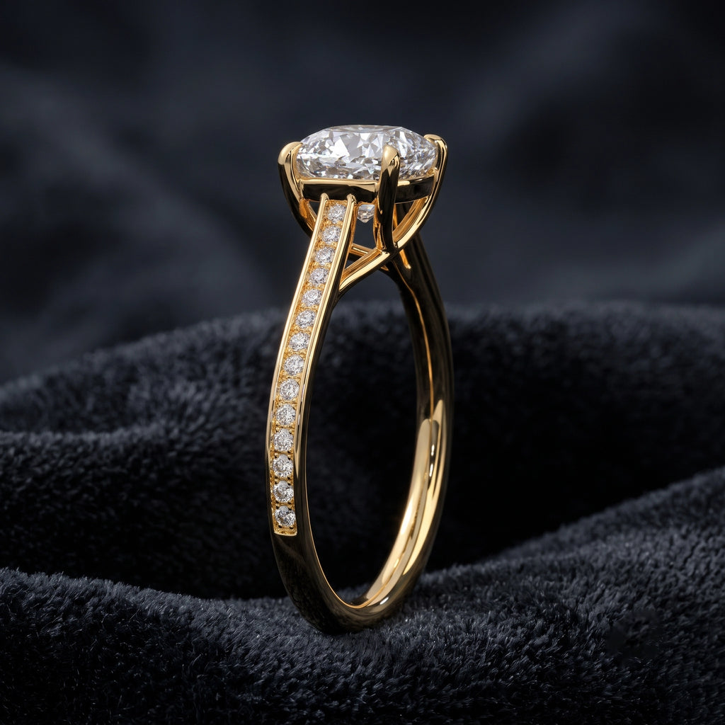 Cushion Cut Solitaire Diamond Ring with Pavé Diamond Band