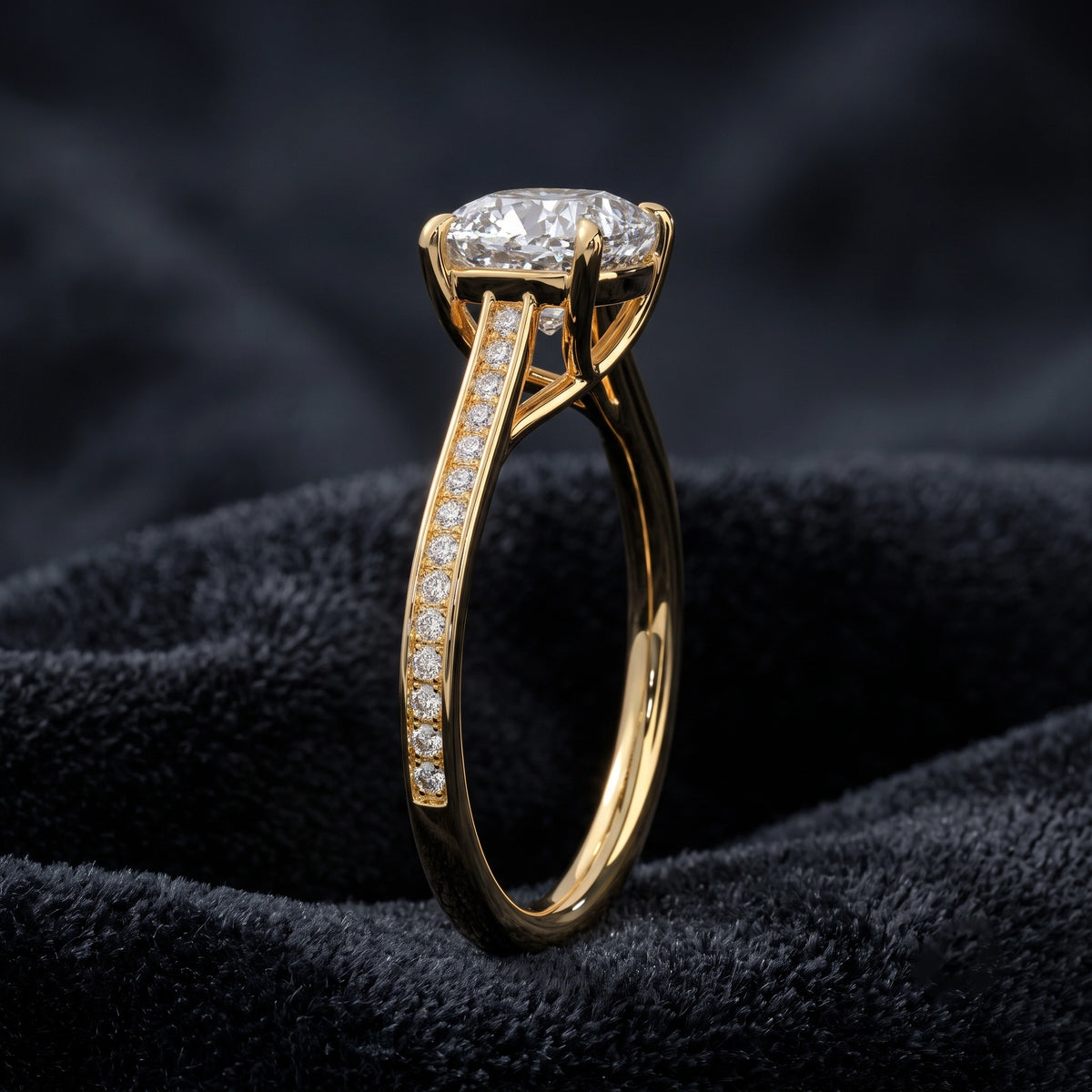 Cushion Cut Solitaire Diamond Ring with Pavé Diamond Band