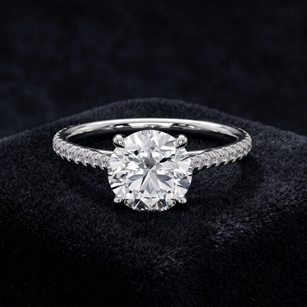 Round Cut Solitaire Diamond Ring with Pavé Diamond Band