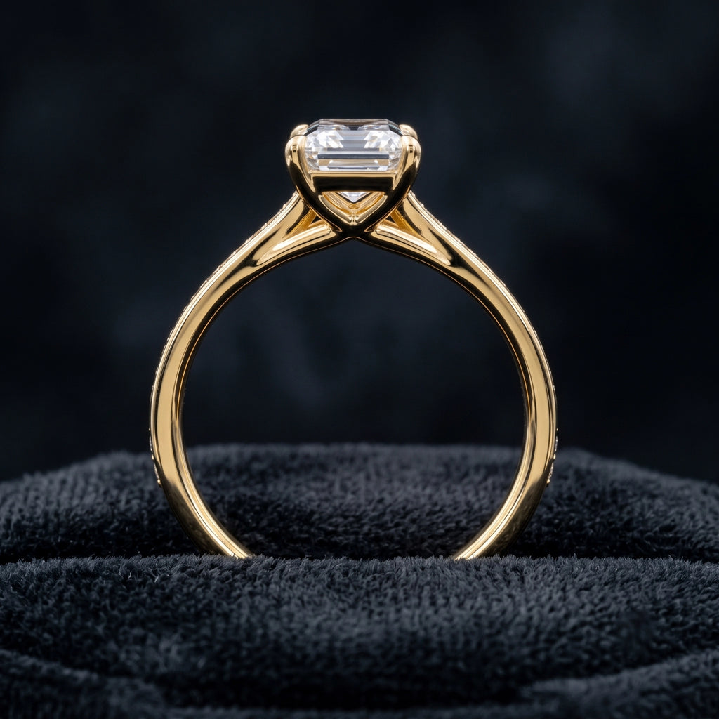 Emerald Cut Solitaire Diamond Ring with Pavé Diamond Band