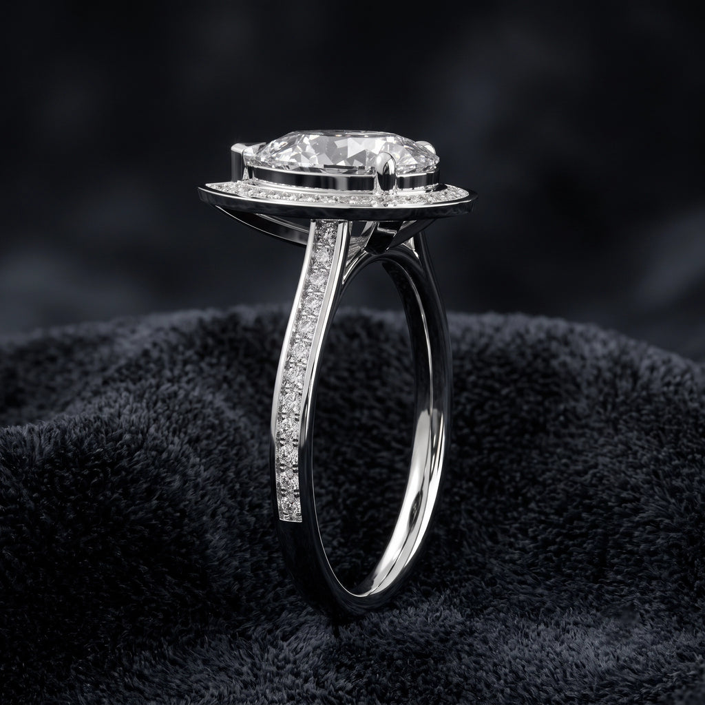 Pear Cut Halo Pave Solitaire Diamond Engagement Ring