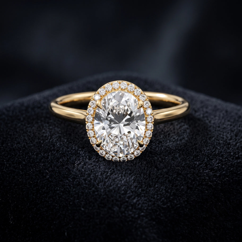 Oval Cut Halo Solitaire Diamond Ring with Pavé Halo Accents
