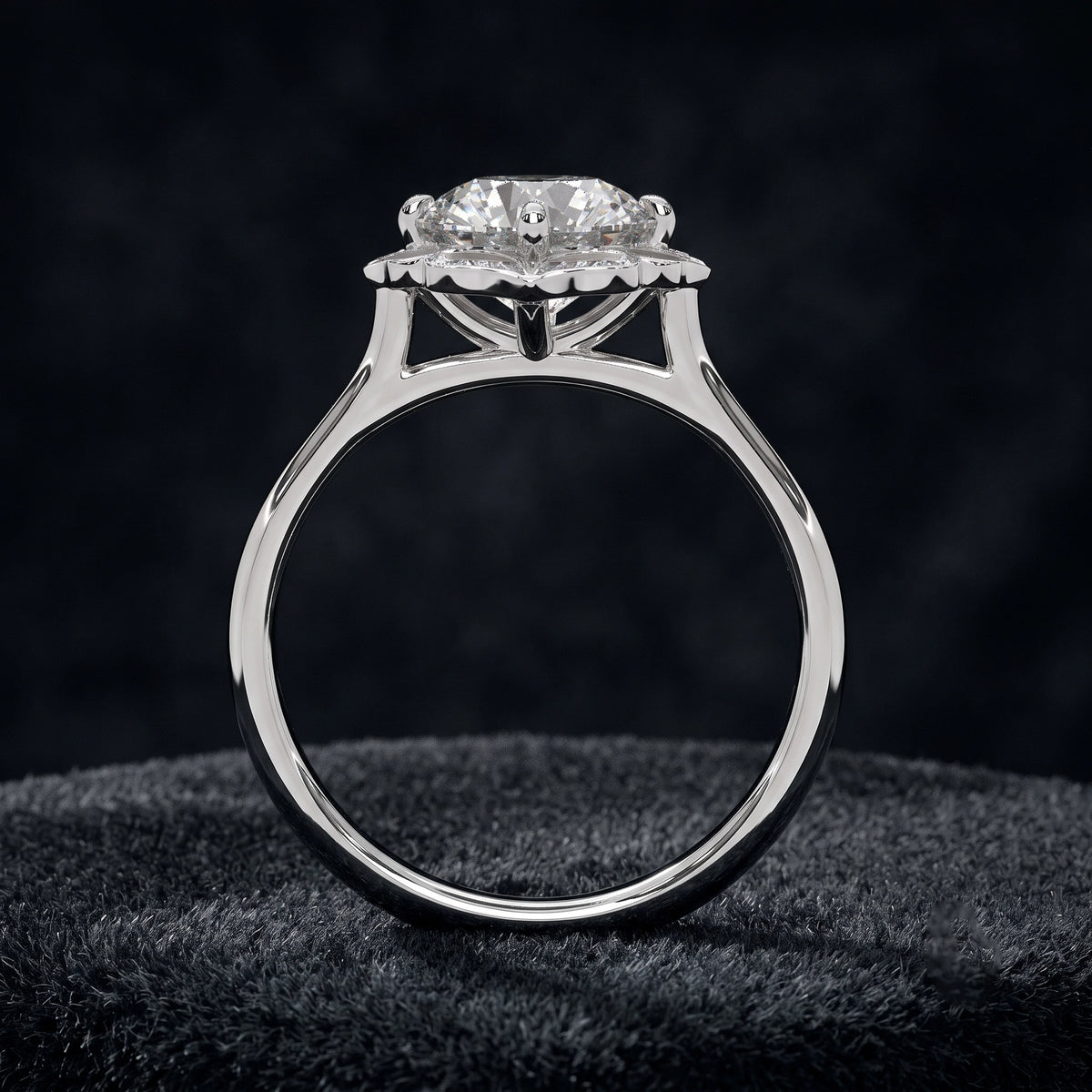 Vintage Round Cut Halo Solitaire Diamond Ring with Ornate Pavé Setting