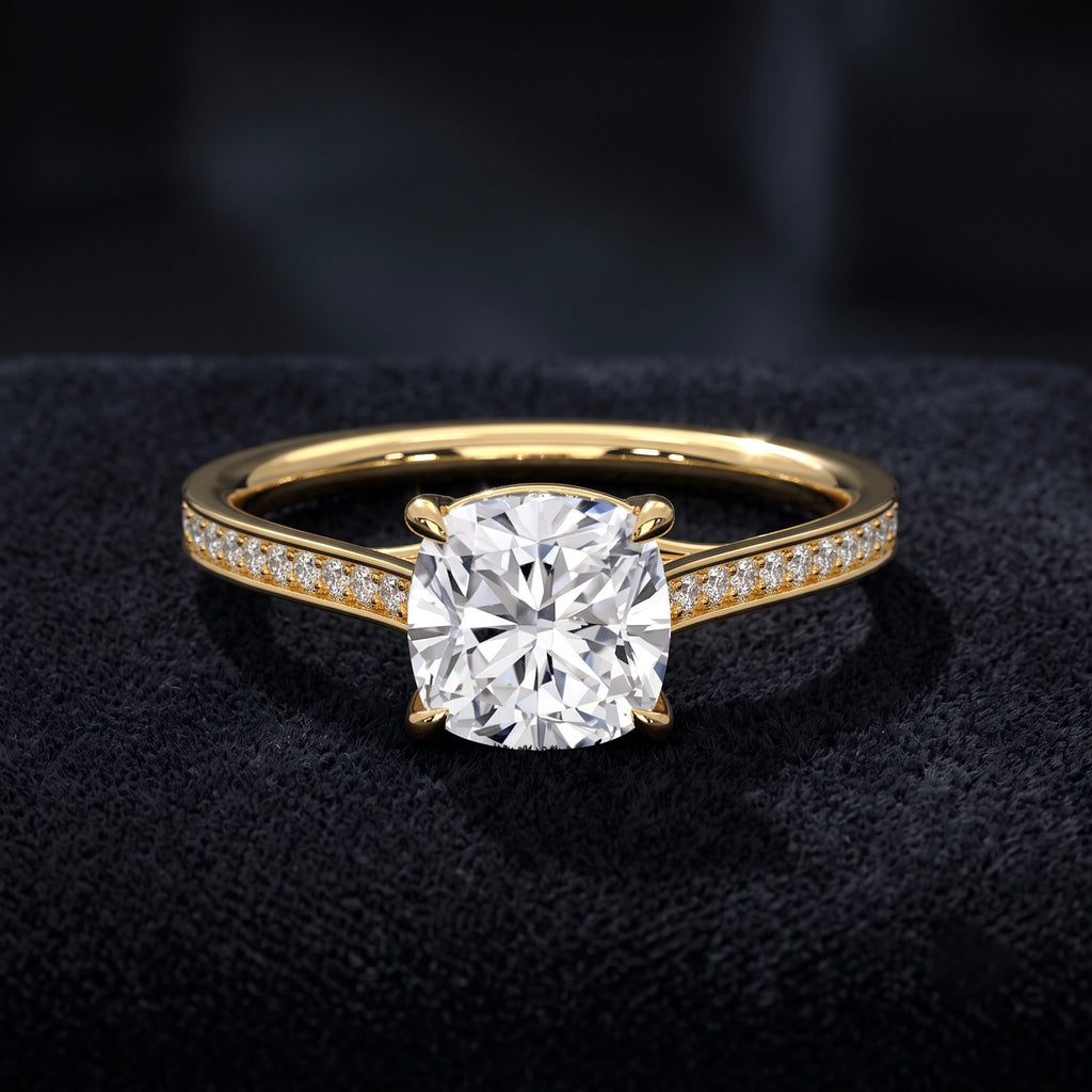 Cushion Cut Solitaire Diamond Ring with Pavé Diamond Band