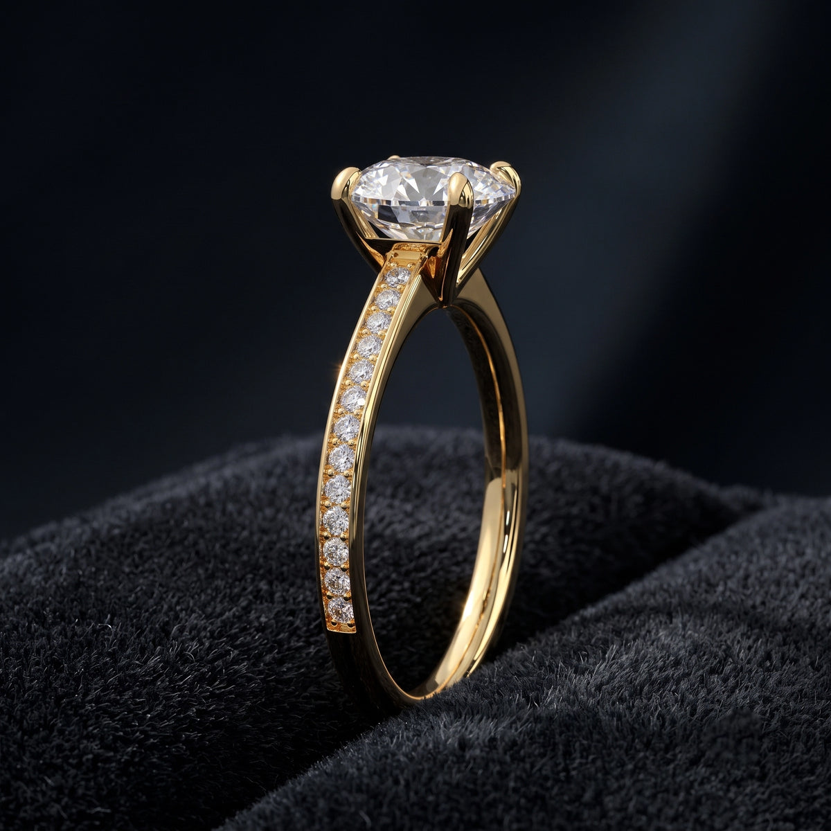 Round Solitaire Diamond Ring with Pavé Diamond Band