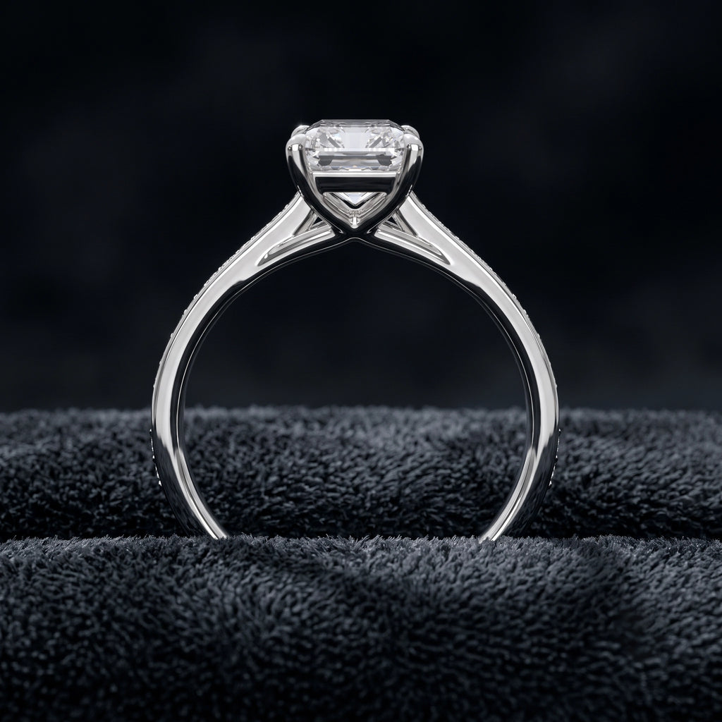Emerald Cut Solitaire Diamond Ring with Pavé Diamond Band