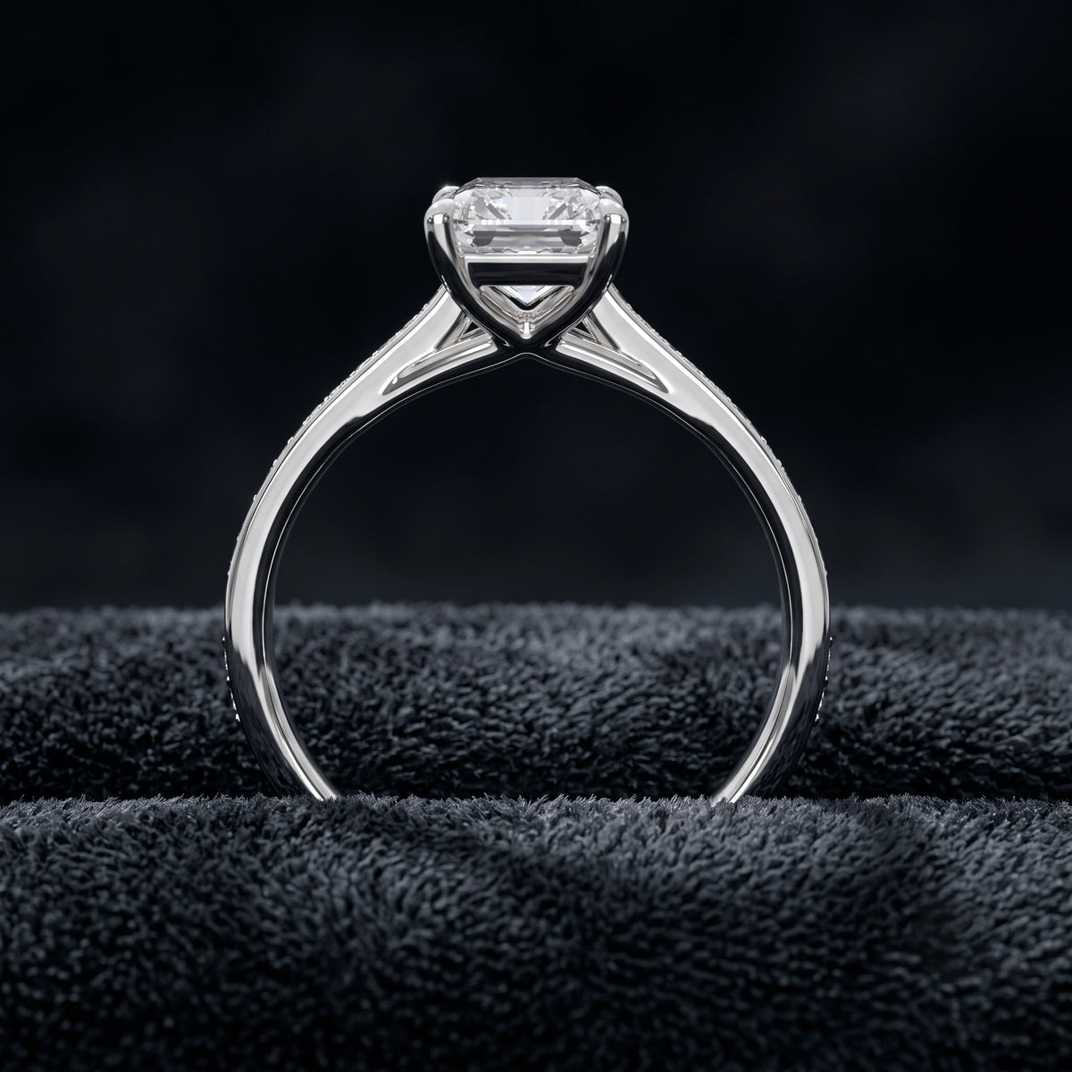 Emerald Cut Solitaire Diamond Ring with Pavé Diamond Band