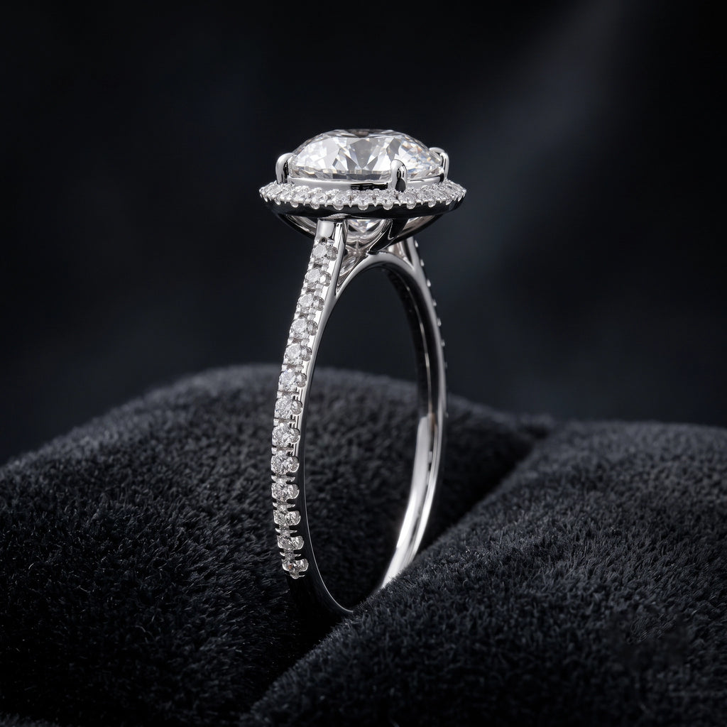 Round Cut Halo Solitaire Diamond Ring with Pavé Accents