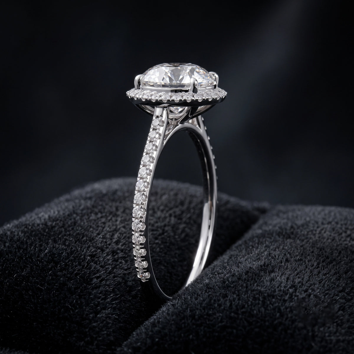Round Cut Halo Solitaire Diamond Ring with Pavé Accents