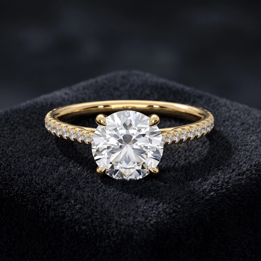 Round Cut Solitaire Diamond Ring with Pavé Diamond Band