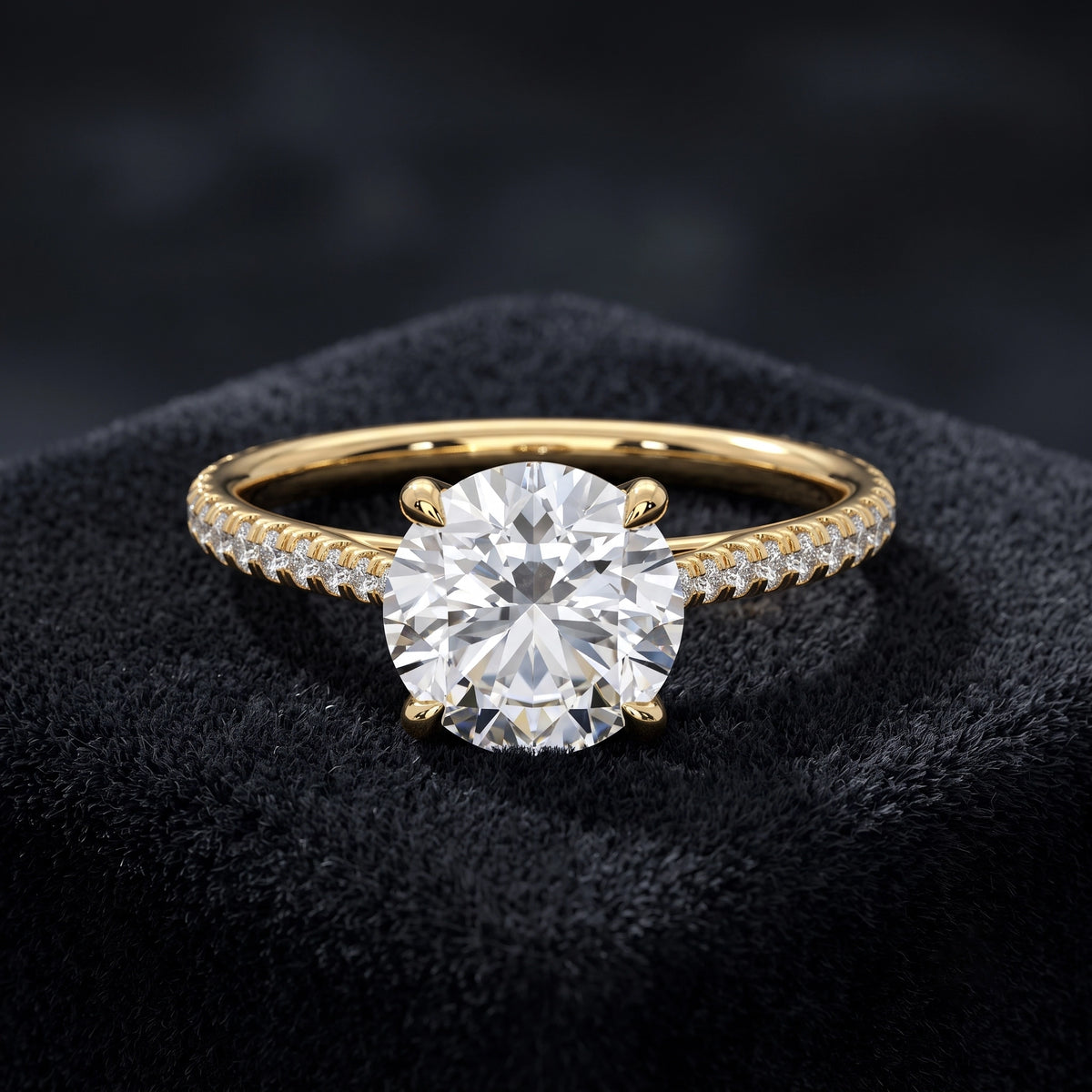 Round Cut Solitaire Diamond Ring with Pavé Diamond Band