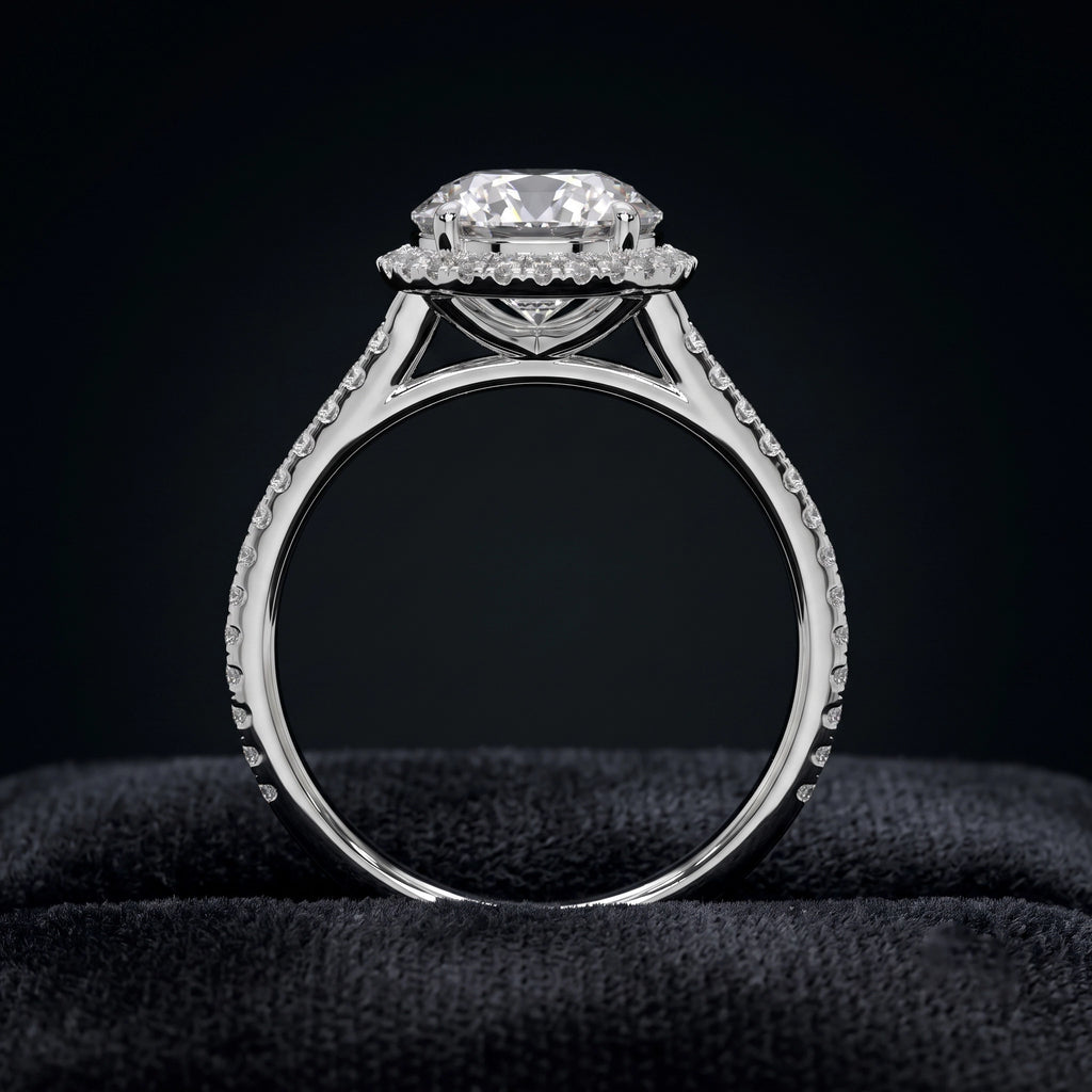 Round Cut Halo Solitaire Diamond Ring with Pavé Accents