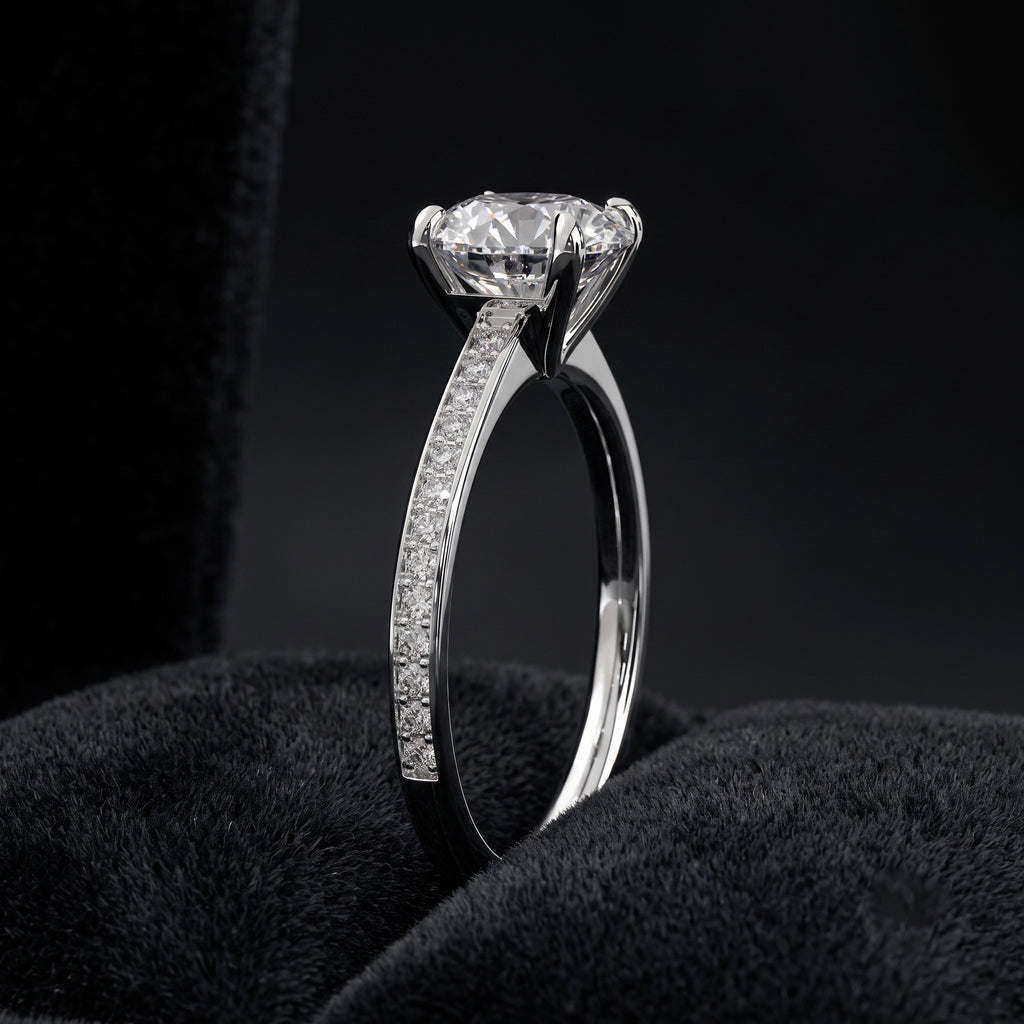 Round Solitaire Diamond Ring with Pavé Diamond Band