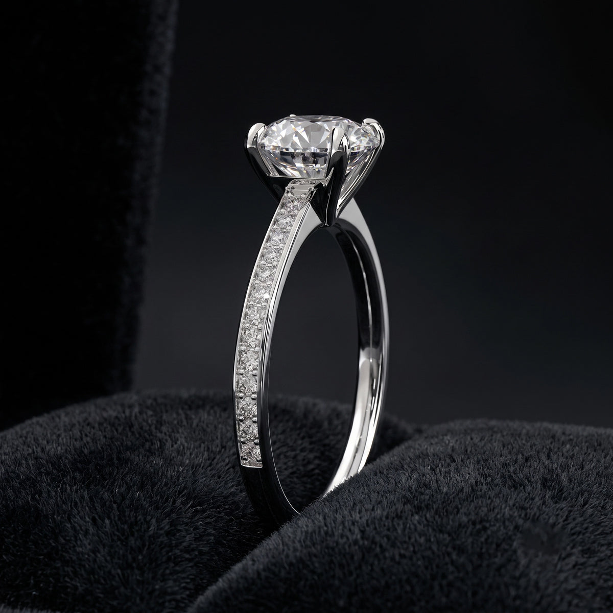 Round Solitaire Diamond Ring with Pavé Diamond Band