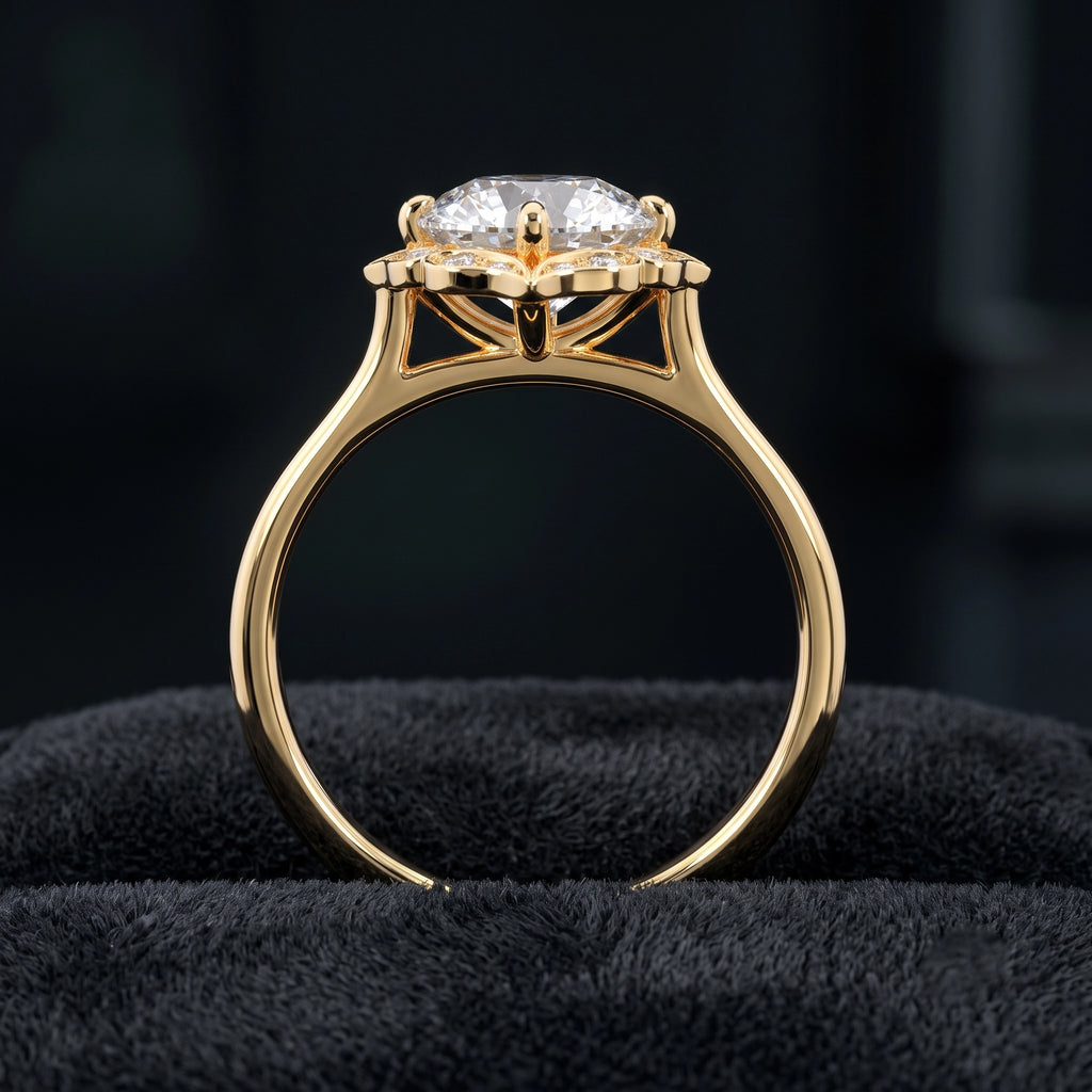 Vintage Round Cut Halo Solitaire Diamond Ring with Ornate Pavé Setting