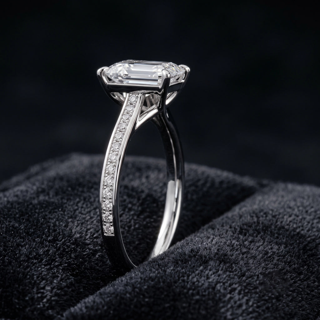 Emerald Cut Solitaire Diamond Ring with Pavé Diamond Band
