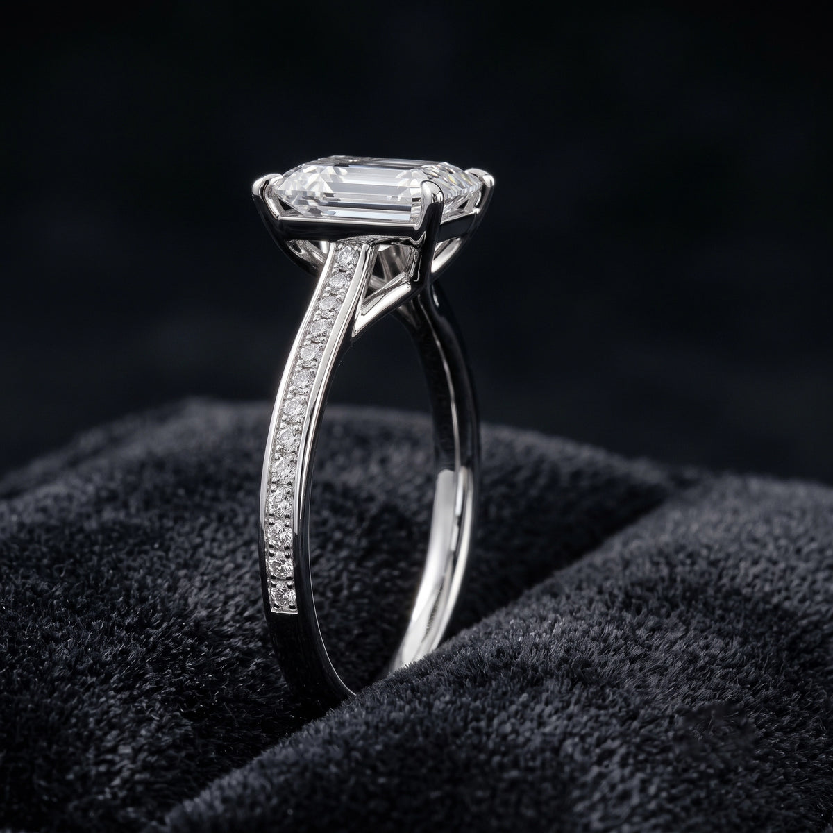 Emerald Cut Solitaire Diamond Ring with Pavé Diamond Band