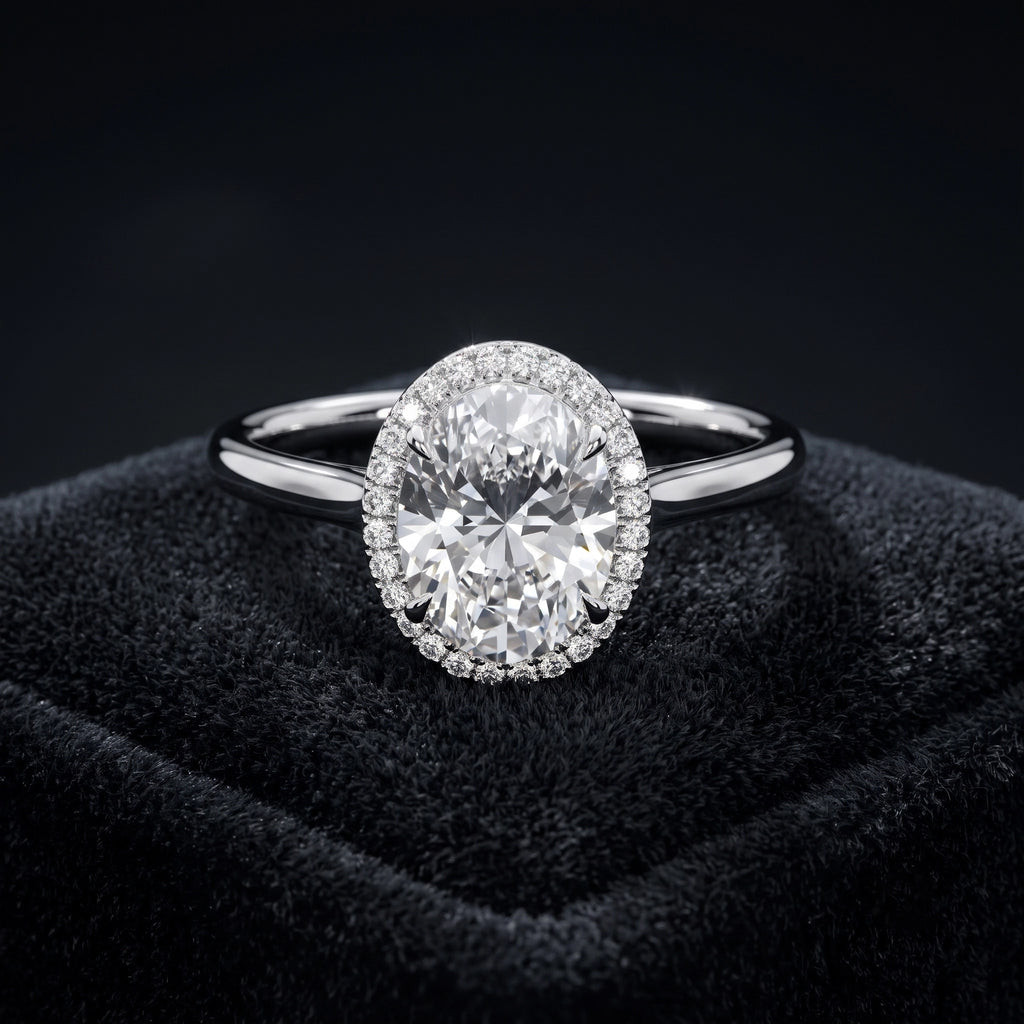 Oval Cut Halo Solitaire Diamond Ring with Pavé Halo Accents