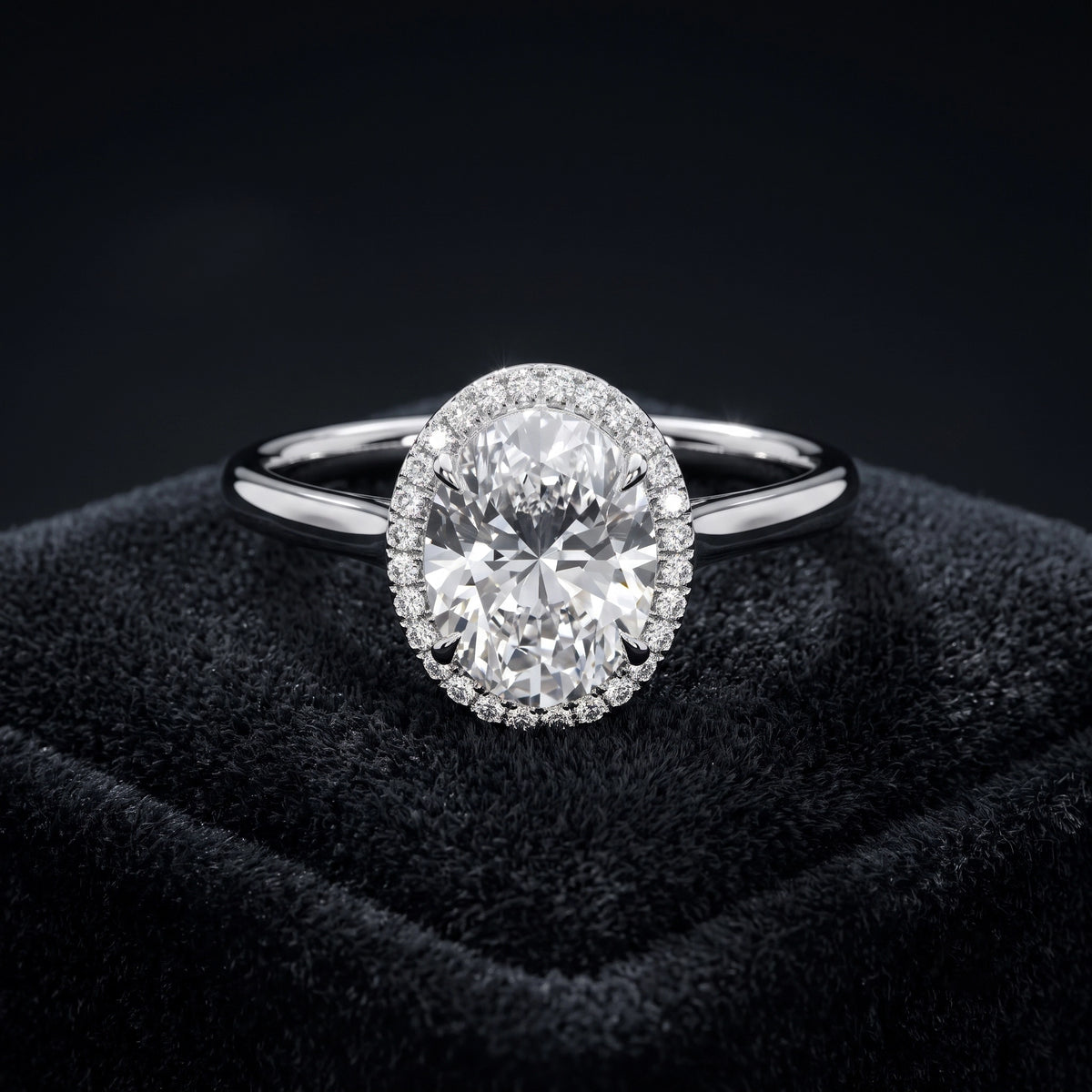 Oval Cut Halo Solitaire Diamond Ring with Pavé Halo Accents