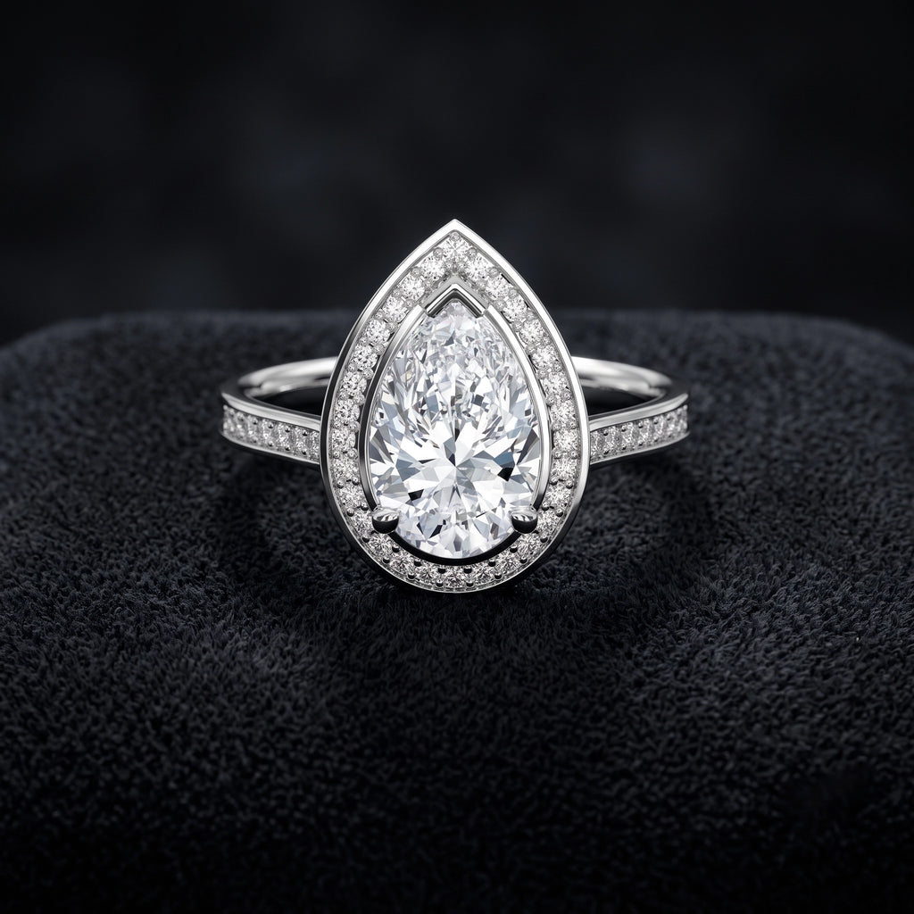 Pear Cut Halo Pave Solitaire Diamond Engagement Ring