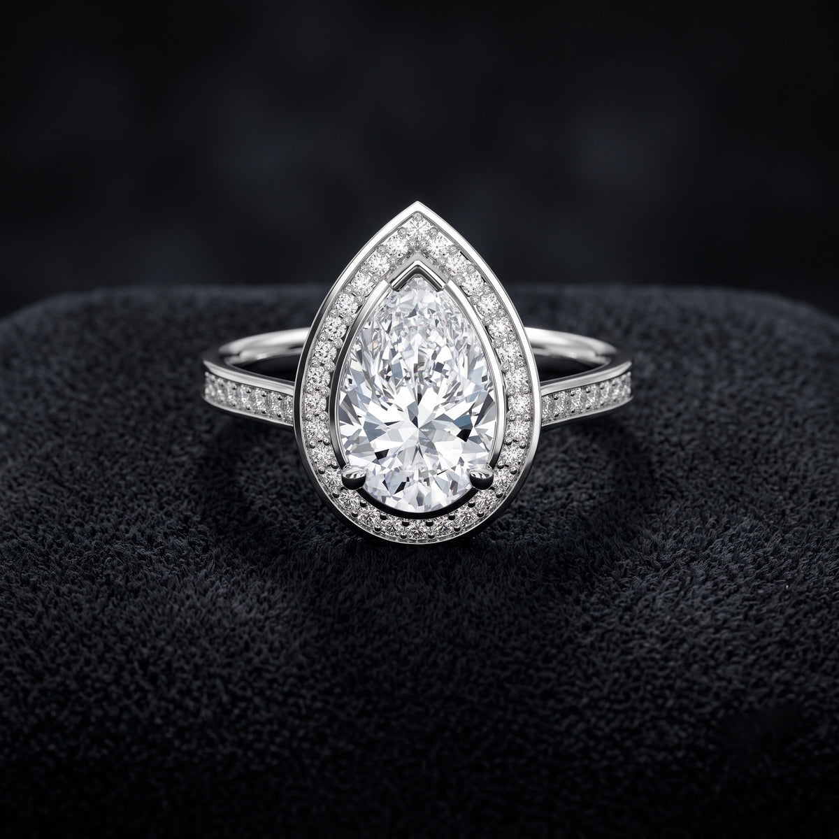 Pear Cut Halo Pave Solitaire Diamond Engagement Ring