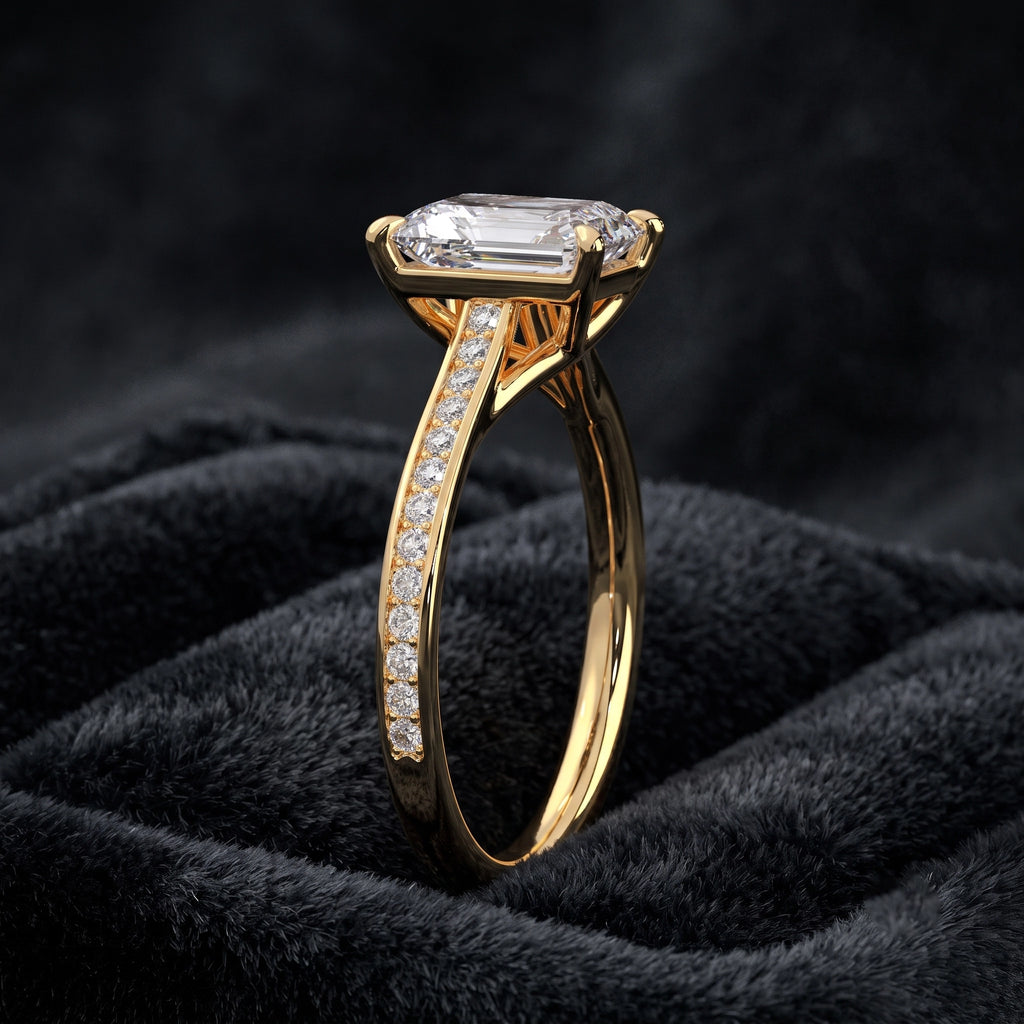 Emerald Cut Solitaire Diamond Ring with Pavé Diamond Band
