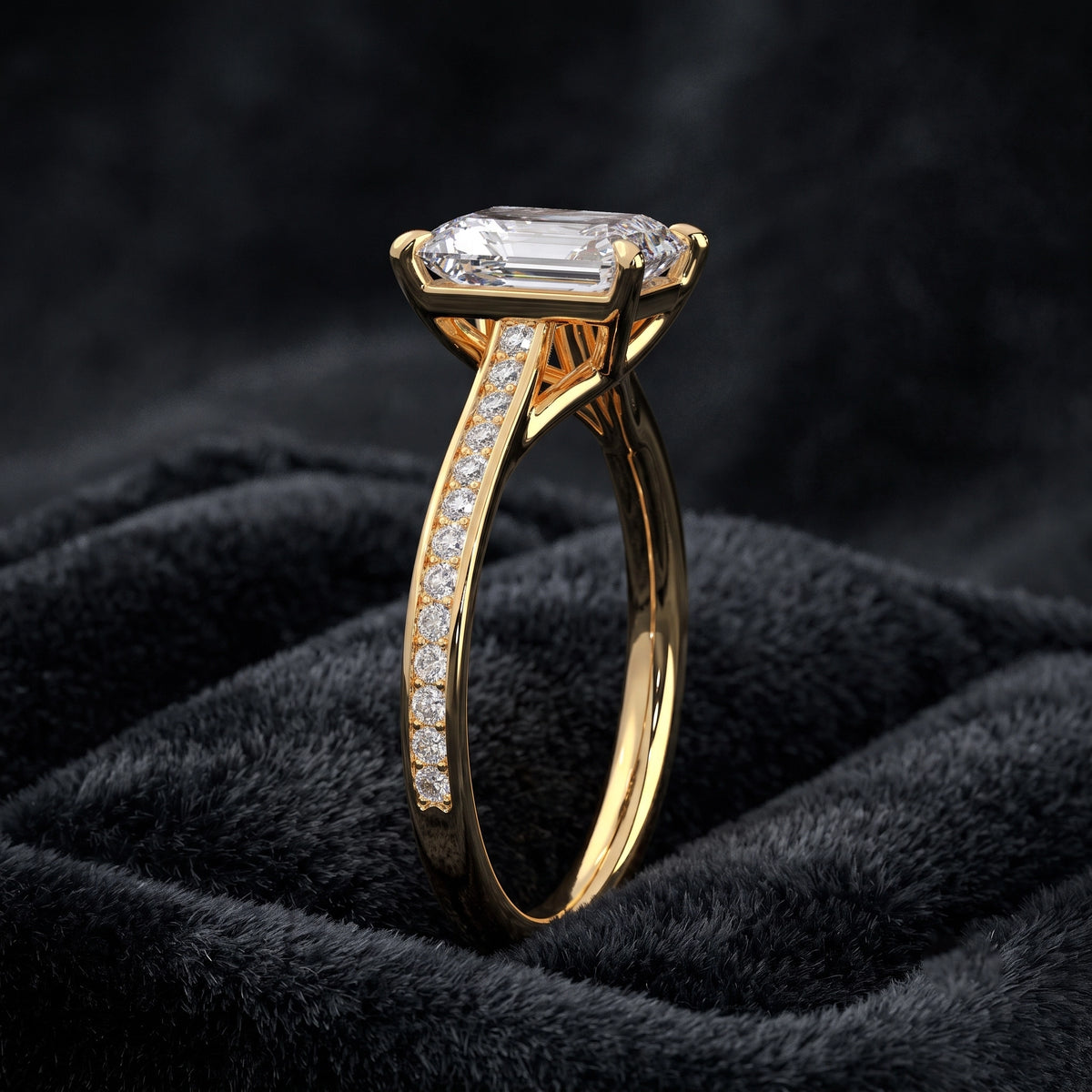 Emerald Cut Solitaire Diamond Ring with Pavé Diamond Band