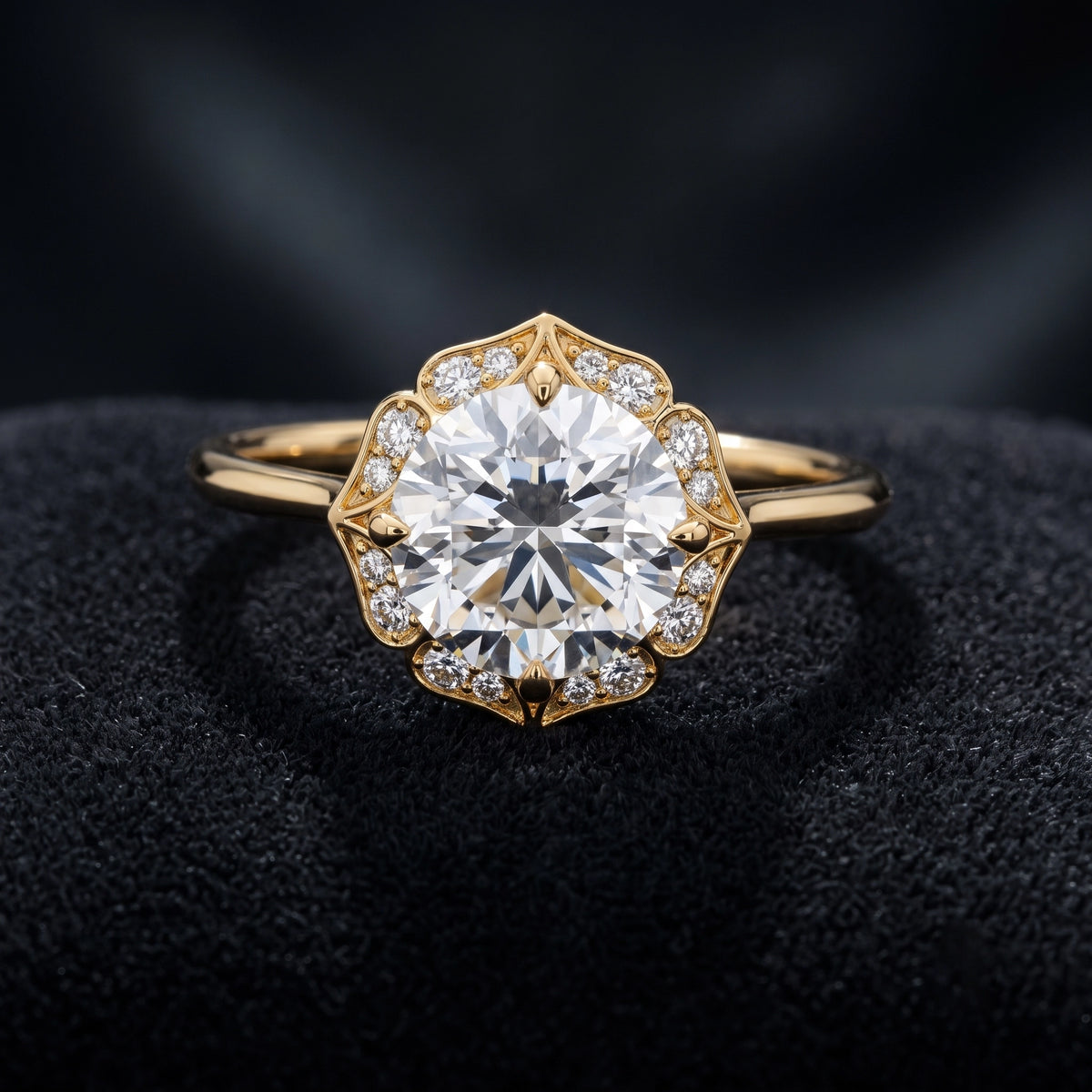 Vintage Round Cut Halo Solitaire Diamond Ring with Ornate Pavé Setting