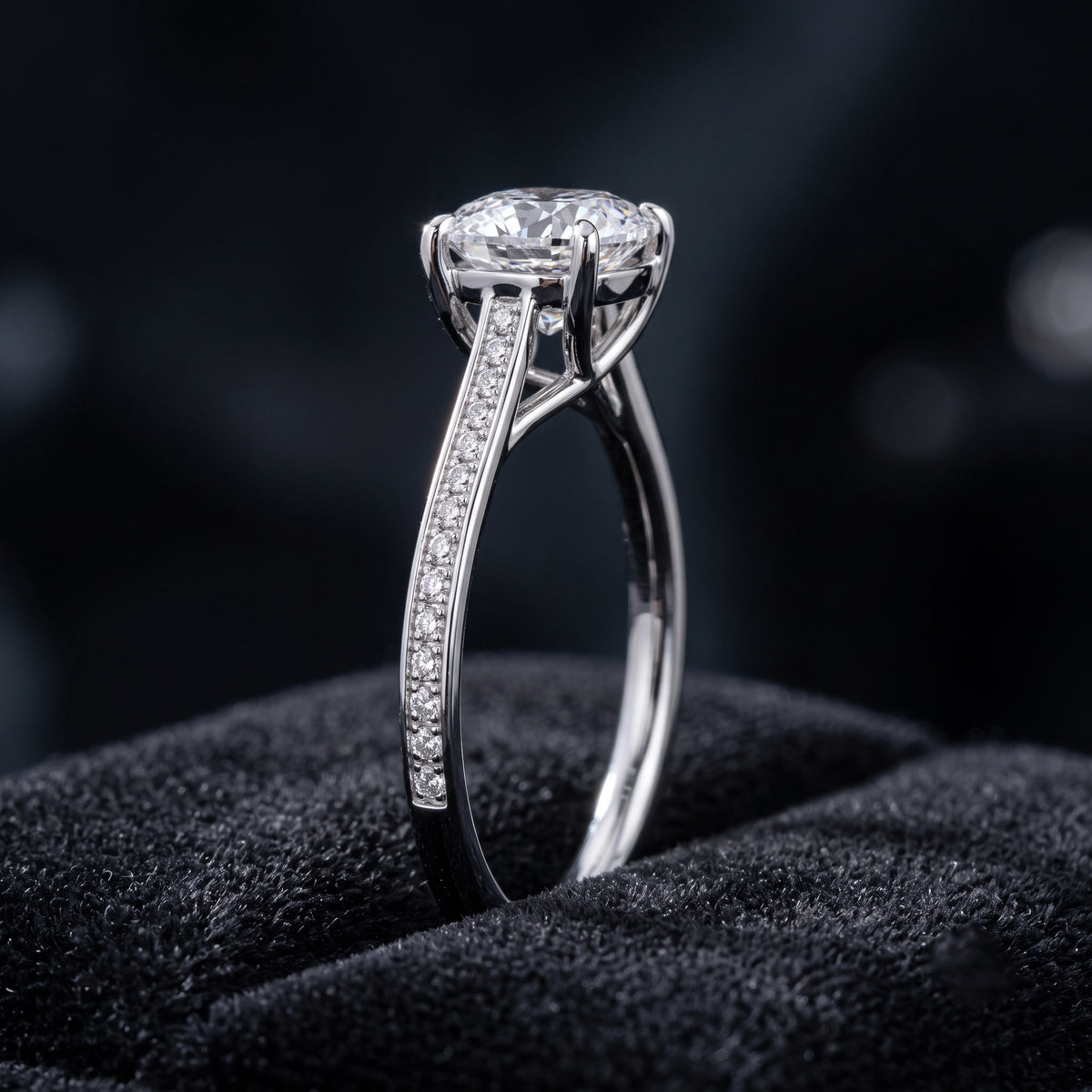 Cushion Cut Solitaire Diamond Ring with Pavé Diamond Band