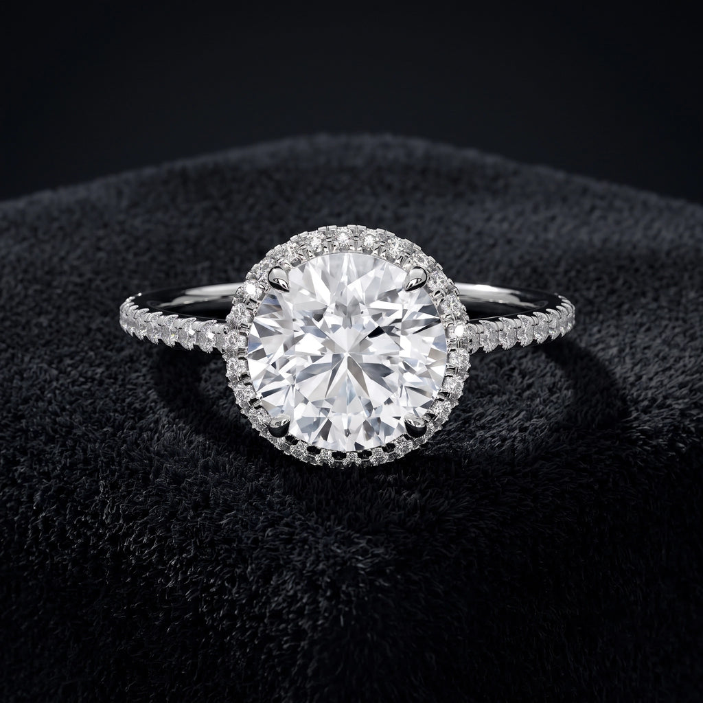 Round Cut Halo Solitaire Diamond Ring with Pavé Accents